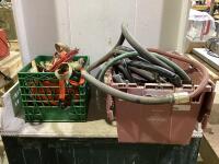 (2) SHOP CRATE & TOTE W/ MIXED HOSES, STRAPS