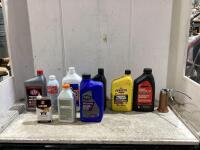 SHOP BOX OF MIXED FLUIDS W/ POWER STEERING, TRANSMISSION FLUID, 3-IN-1 MULTI-PURPOSE OIL