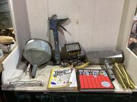 SHOP TOTE W/ FUNNEL, WORK LIGHT, CHALKING GUN, BOOKS, SCREWS & MISCELLANEOUS