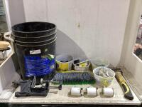 SHOP PAIL W/ HATCHET, SWIVEL CASTOR WHELS, BROOM, ELETRICAL SWITCHES & MISCELLANEOUS