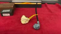 (2) SMOKING PIPES - HAND CARVED HARCOURT BRIAR PIPE & LONG STEM PIPE