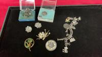 VINTAGE JEWELRY - CHARM BRACELET, CLIP-ON EARRINGS, BROOCHES