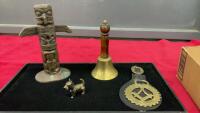 BRASS ITEMS - TOTEM POLE, BELL, SMALL SCOTTIE DOG, HORSE BRASS