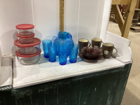 JUG W/GLASSES-BLUE. , COVERED GLASS BOWLS. POTS