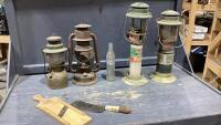 BOX W/(2)BARN LANTERNS + (2)COLEMAN PROPANE LANTERNS, VINTAGE DRUMHELLER BOTTLE