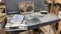 BOX W/ SILVERPLATE TRAY, HEART SHAPED MIRROR, CLOCK RADIO