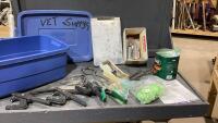 BLUE LIDDED TOTE W/DISPOSABLE SYRINGES, NEEDLES, TAGS, BUTTONS
