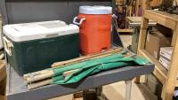 CAMPING ITEMS - COLEMAN COOLER, RUBBERMAID WATER JUG, FOLDING CAP COT FRAME