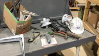(2)BOXES - SHELF BRACKETS, HITCH PINS, MUFFLER, SMALL RIMS,