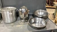 LARGE STOCK POT W/LID, + BOX. W/VINTAGE COFFEE PERCULATOR, METAL BOWLS