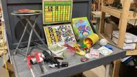 BOX W/PARTIAL SCIENCE KIT, RESPONSIBILITY CHART, FOLDING STOOLS,