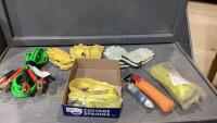 FLAT W/TOW ROPE, UTILITY ROPE, BOOSTER CABLES, STRAPS, (5) PAIR OF GLOVES