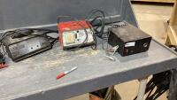 CRATE W/BATTERY CHARGERS, CLEVIS&rsquo;S, SLEDGE HAMMER HEAD