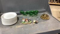 BOX W/VINTAGE GREEN COCKTAIL GLASSES, PLATES, SALT + PEPPER SET, SMALL GOLD COLOUR LIQUEUR GLASSES