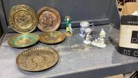BOX W/ COPPER PLATES, DELFT BEER MUG, PRECIOUS MOMENTS FIGURINES