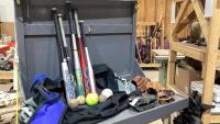 EASTON BAG W/BALL GLOVES, ALUMINUM BATS, BASEBALLS, SOFTBALL, SLOWPITCH BALL