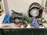 SHOP BOX OF MISC W/ MOTOMASTER BATTERY CHARGER, ROPE, AC ADAPTOR, 7 WAY ELECTRIC CABLE