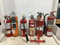 SHOP PAIL OF MIXED FIRE EXTINGUISHERS W/ BRACKET MOUNT