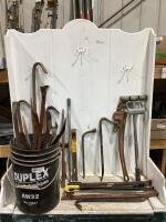 SHOP PAIL OF MISCELLANEOUS TOOLS W/ CROW BARS, WRENCH, PRY BAR