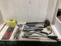 SHOP FLAT W/ PIPE BENDERS, ANTI-FREEZE TESTER, LARGE ENGINE HOSE, CV BOOT CLAMP, WRAP-A-ROUND & MALLET