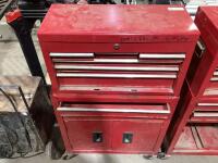 4-WHEEL DOUBLE STACK TOOL BOX CABINET W/ SMALL CONTENTS