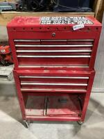 4-WHEEL DOUBLE STACK TOOL BOX CABINET W/ SMALL CONTENTS