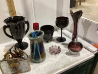 2 BOXES - PITCHERS, CANDLE HOLDERS, COLOURFUL GLASS PIECES