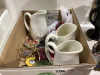 2 BOXES - PITCHERS, CANDLE HOLDERS, COLOURFUL GLASS PIECES - 2