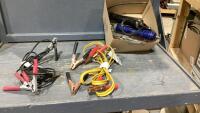 BOX W/ (2)MANUAL GREASE GUNS + (2) SETS OF BOOSTER CABLES