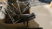 BOX OF TIRE IRONS + AUTO JACK