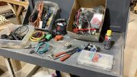 BOX OF ASSORTED SHOP + AUTO SUPPLIES- TRAILER CONNECTORS, WIRE