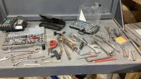 BOX W/ ASSORTED WRENCHES, SOCKETS BITS, MAKITA CHARGER