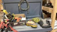 BOX W/RATCHET STRAPS, ROPE, DOG CABLE, SAFETY HARNESS, TOOLBELT