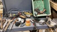 CONTAINER W/HANGER BRACKET, ELECTRIC ANTENA, FUNNEL, WIRE BRUSH, TROWEL, TROUBLE LIGHT