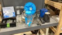 BLACK TOTE W/CAMPING ITEMS -PLATE STORAGE, AIR PUMP,CANISTERS, COFFEE POTS, OVER THE FIRE COOKERS