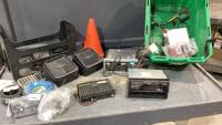 GREEN BIN W/AUTO STEREO ITEMS, CONES, WEED WHIP LINE, WIRE