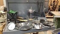 BIG TOTE W/HOUSEHOLD + BACKYARD ITEMS -TRAYS, FRUIT BASKET, STOOL