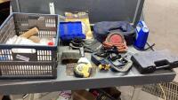 CRATE W/LITTLE AIR COMPRESSOR, C CLAMPS, DRILL HOLDER, TOW LIGHT
