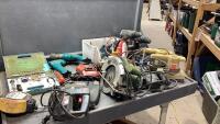 GRAY TOTE W/CRAFTSMAN JIGSAW, CIRCULAR SAW, B+D SANDER, MAKITA 7.2 DRILLS , 3/8&rdquo; DEWALT DRILL