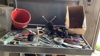 BOX + PAIL W/ WRENCHES, RATCHETS, PLIERS, RATCHET STRAP, SCREWDRIVERS