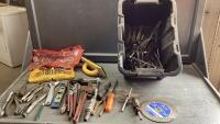 BLACK TOTE W/WRENCHES, LOCKING PLIERS, PIPE WRENCH, PRY BARS, ALLEN WRENCHES