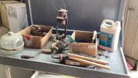 (2) BOXES AND JUG - PLUMBING ANTIFREEZE, BRACE, BRUSHES, SAD IRON, HITCH