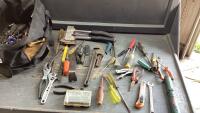 TOOLBAG W/ASSORTED TOOLS - SCREWDRIVERS, PRYBAR, PLIERS, KNIVES, CRESCENT WRENCH, PIPE WRENCH