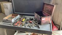 (2)ITEMS -FLAT + TOOLBOX. W/FILTER WRENCH, FILE, LOCKING PLIERS, SCREWDRIVER, RATCHET,