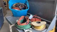 TOTE FULL OF EXTENSION CORDS, LIGHTS,