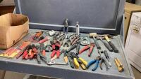 BOX W/PLIERS, TEST LIGHTS , HAMMER, BUTANE TORCH, SMALL CRESCENT WRENCH, SCREWDRIVERS