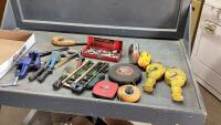 BOX OF LEVELS, RIVETER, 2 LONG TAPES, STUD FINDER, IRWIN 3&rdquo;VISE