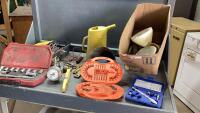 (2) ITEMS - KNIVES, TEST LIGHT, LEVEL, FUNNEL, WATER JUGS, EXCEL TORQUE WRENCH, BITS, SOCKET SET