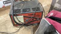 METAL BIN W/BATTERY CHARGER, ROADSIDE KIT,CRESCENT WRENCHES,