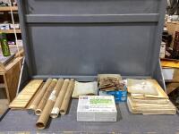 SHOP BOX OF WOODWORK MISCELLANEOUS W/ BLUEPRINTS & WOODEN CUT-OUTS